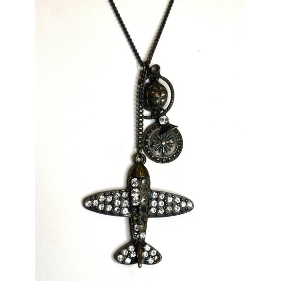 Vintage-Inspired Airplane Pendant Necklace With Globe & Compass Charms Rhineston - Picture 1 of 7